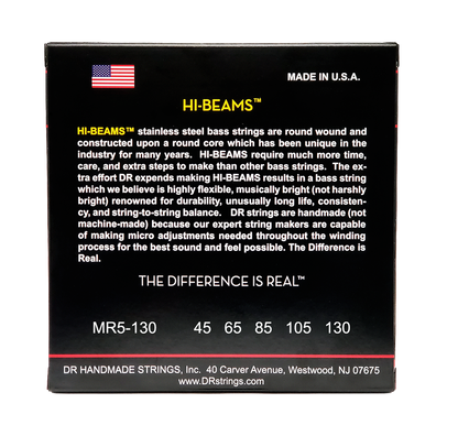 DR Strings DR Hi-Beam Stainless Steel Electric Bass Strings Long Scale Set - 5-String 45-130 Medium MR5-130