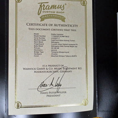 Fret Nation Framus MasterBuilt Diablo Supreme Bleached Antique Tobacco Burst High Polish - 8.56lbs J 162607-17 - Showroom Demo