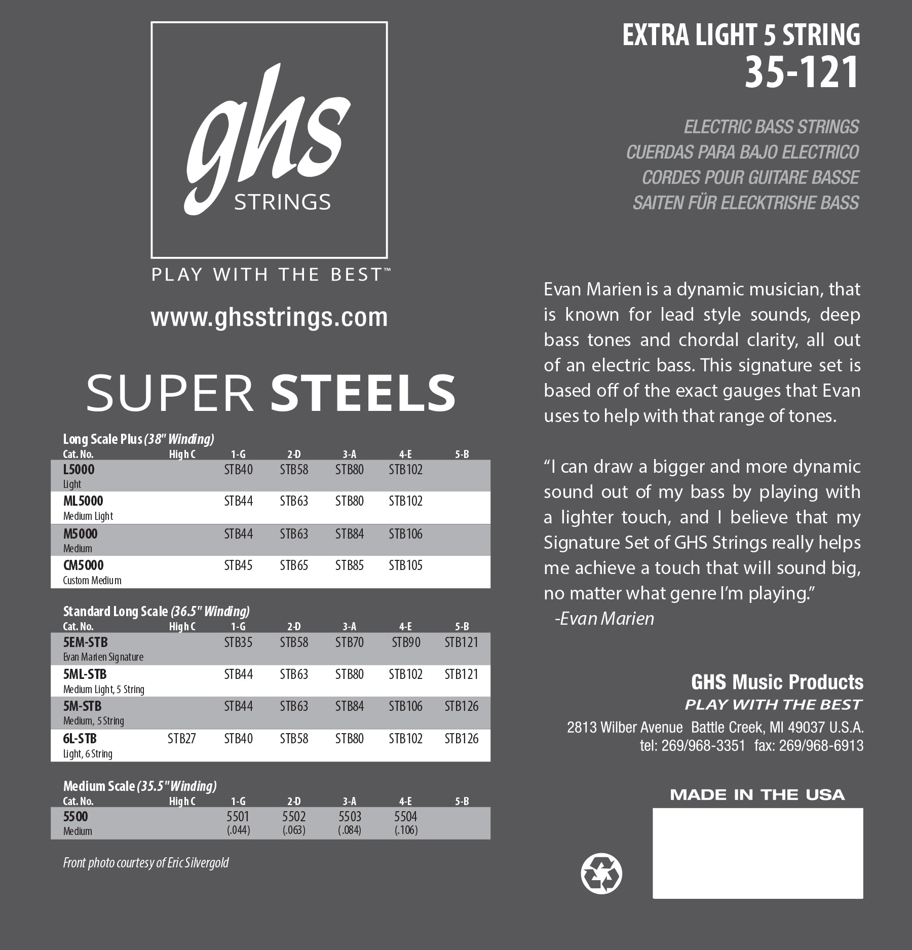 GHS Strings GHS Super Steels Stainless Steel Electric Bass Strings Long Scale - 5-String 35-121 Evan Marien Signature Set