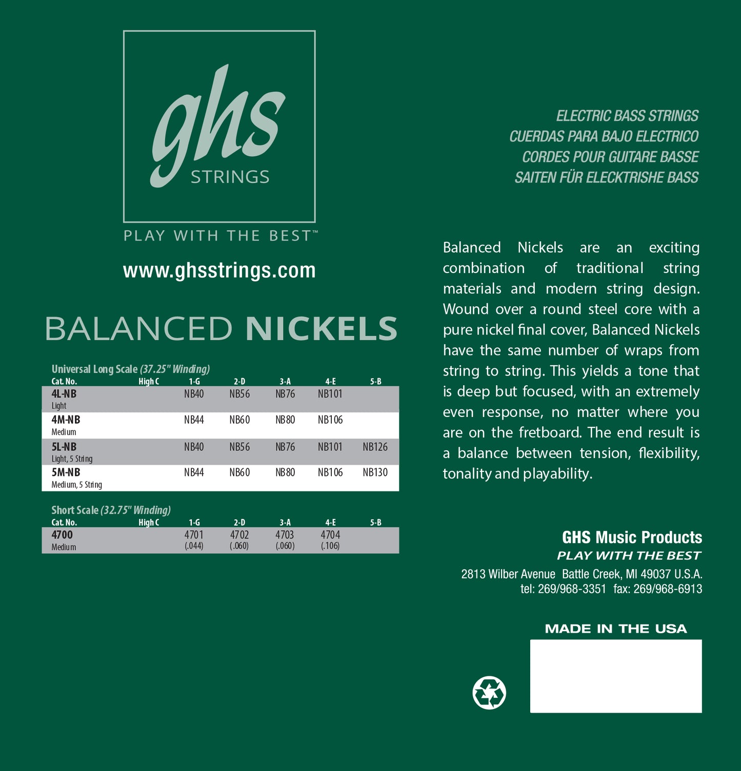 GHS Strings GHS Balanced Nickels Pure Nickel Round Wound Bass Strings Long Scale - 5-String 40-126 5L-NB