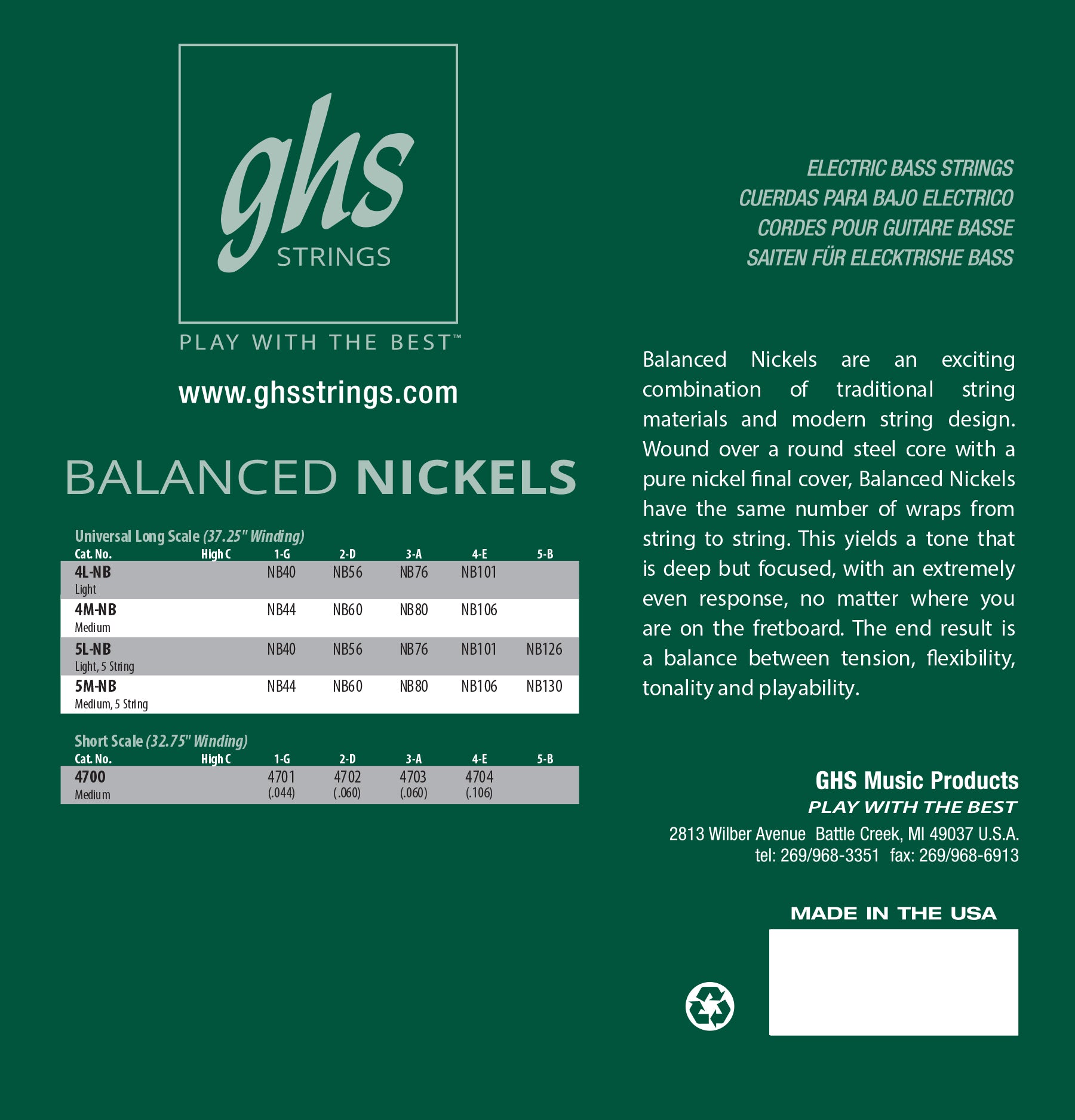 GHS Strings GHS Balanced Nickels Pure Nickel Round Wound Bass Strings Long Scale - 4-String 44-106 4M-NB