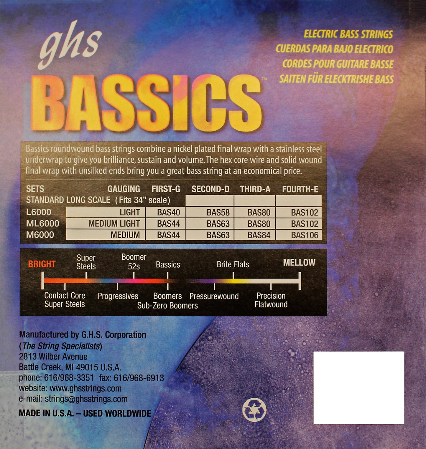 GHS Strings GHS Bassics Nickel Plated Steel Round Wound Electric Bass Strings Long Scale - 4-String 40-102 L6000