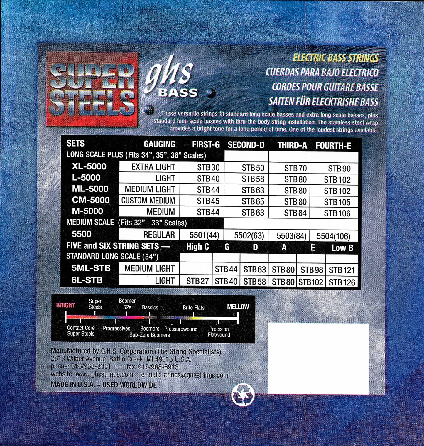 GHS Strings GHS Super Steels Stainless Steel Electric Bass Strings Long Scale - 6-String 27-126 6L-STB