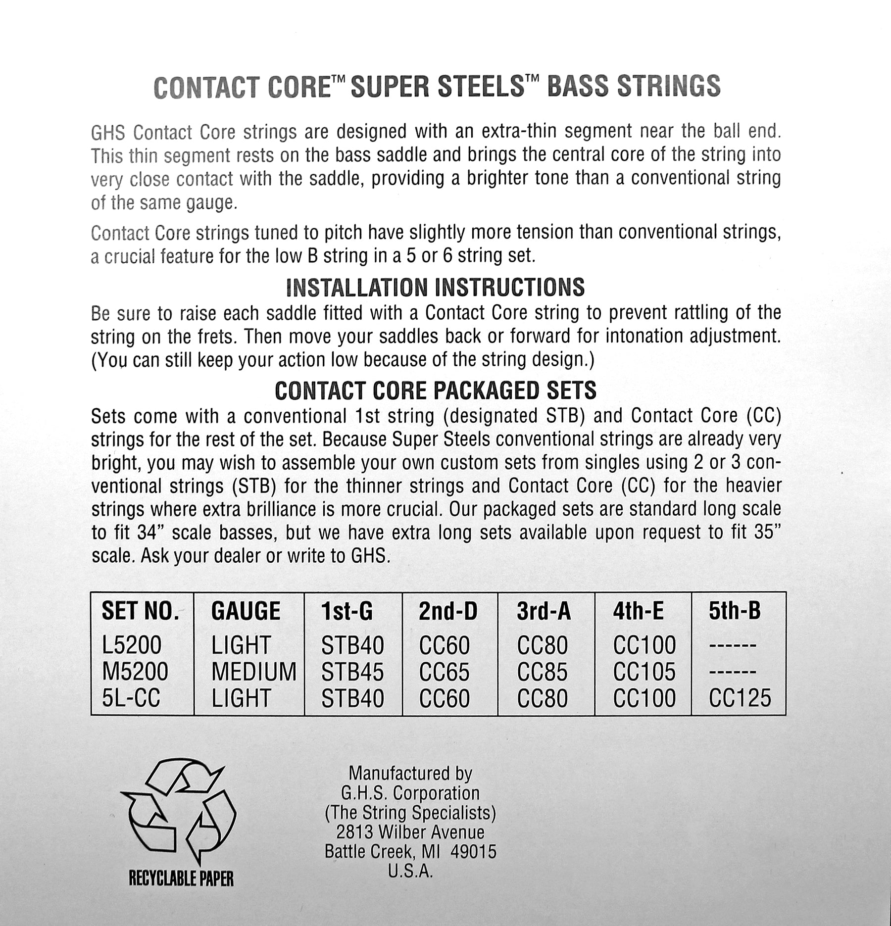 GHS Strings GHS Contact Core Super Steels Exposed Core Electric Bass Strings Long Scale - 5-String 40-125x 5L-CC