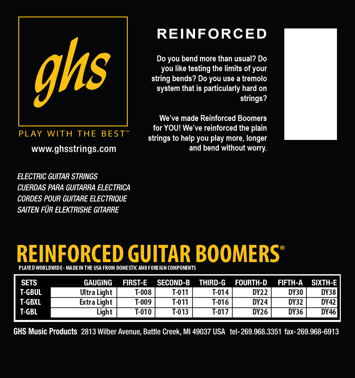 GHS Strings GHS Reinforced Boomers Electric Guitar String Set - 10-46 Light T-GBL