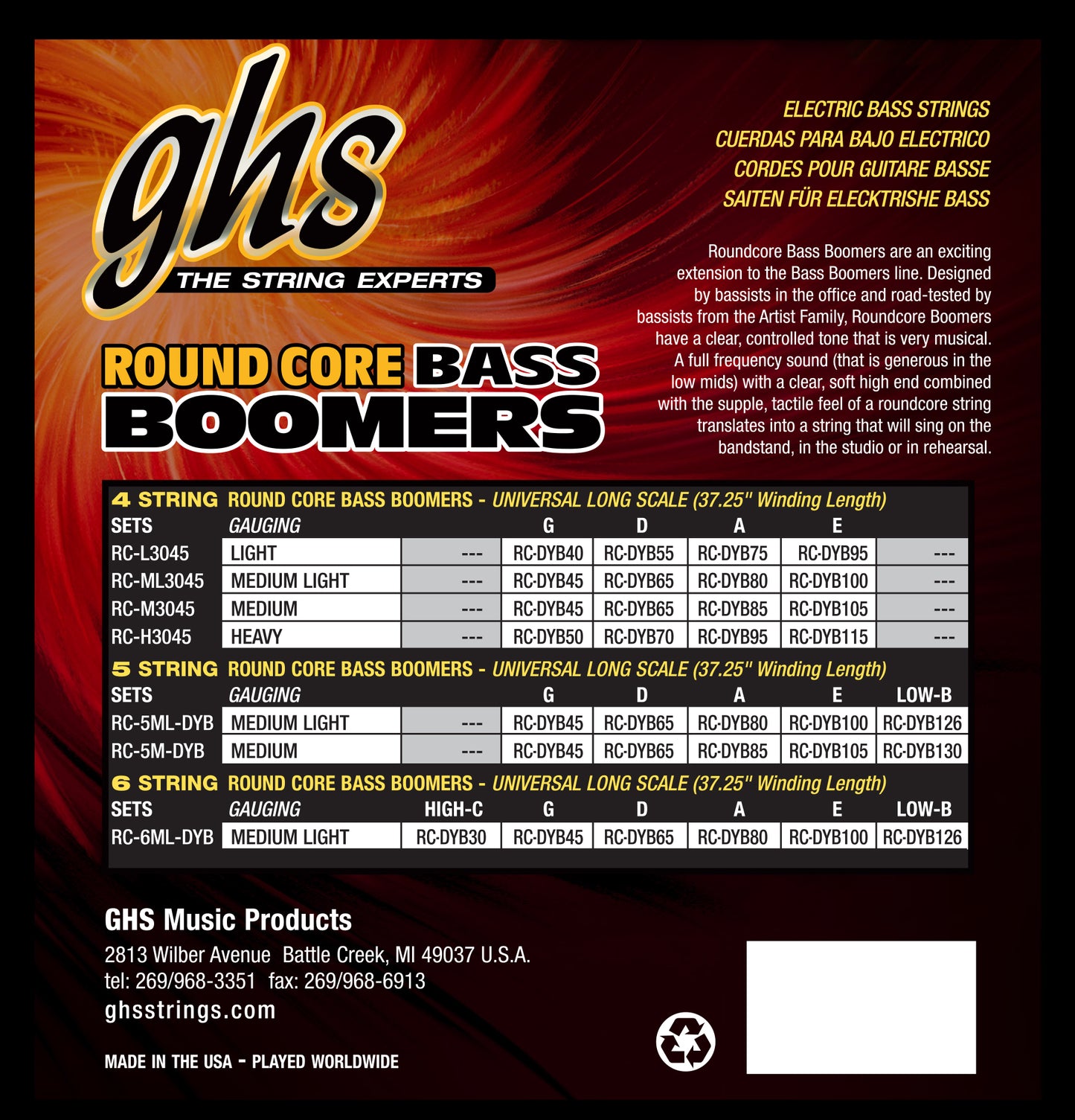 GHS Strings GHS Round Core Bass Boomers Nickel Wound Bass String Set Long Scale - 4-String 40-095 RC-L3045