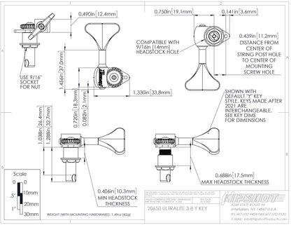 Hipshot Hipshot USA Ultralite 3/8" Bass Tuning Machine - HB6Y 20650 (Sold Individually)