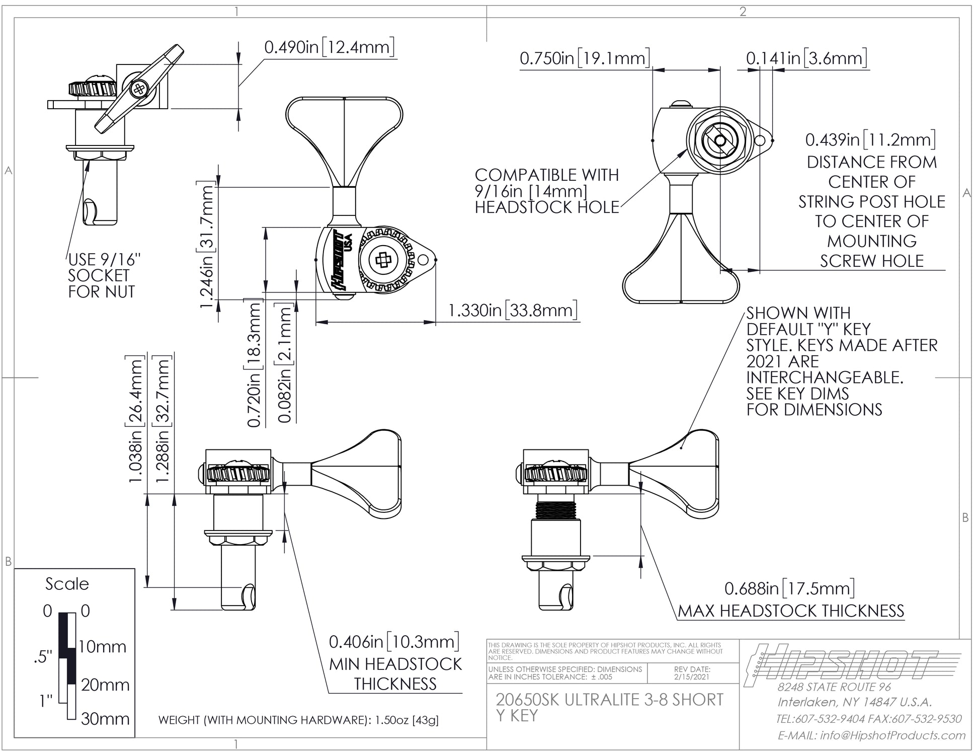 Hipshot Hipshot USA Ultralite 3/8" Bass Tuning Machine - HB6Y 20650 (Sold Individually)