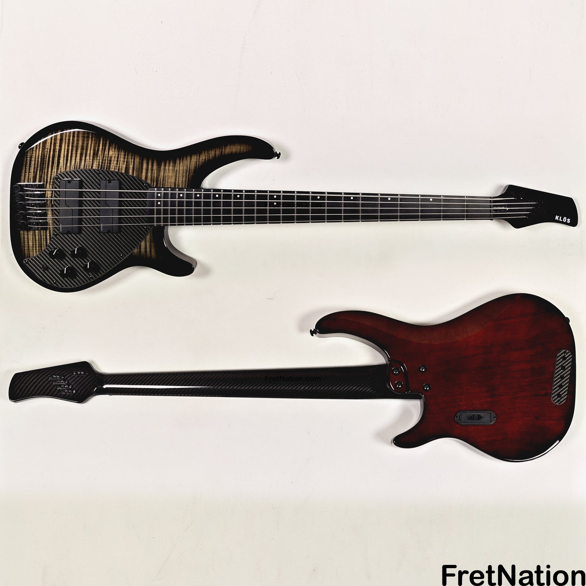 KLOS Guitars KLOS Apollo V Custom Headless 5-String Bass Black Flame Fishman Fluence 8.90lbs