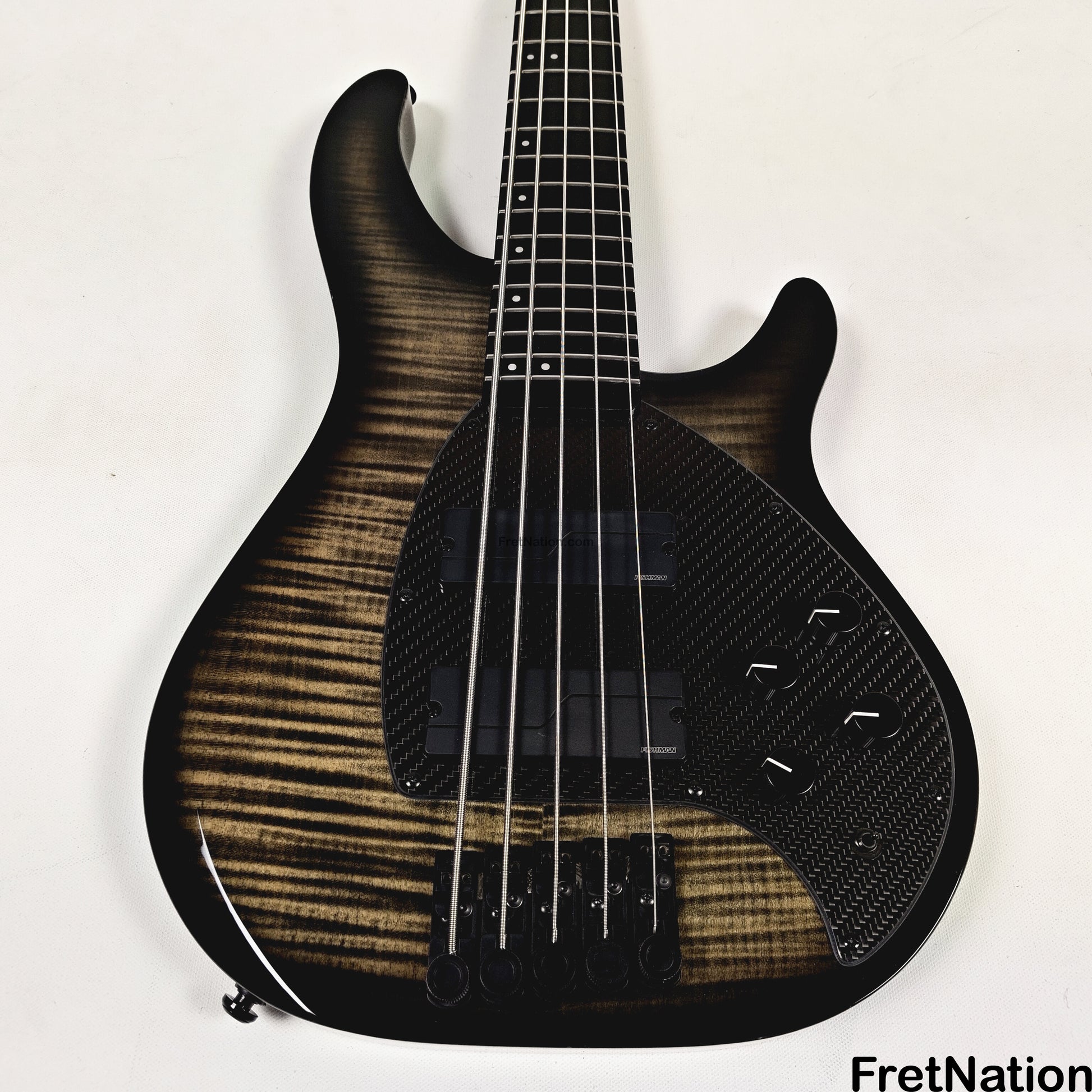 KLOS Guitars KLOS Apollo V Custom Headless 5-String Bass Black Flame Fishman Fluence 8.90lbs