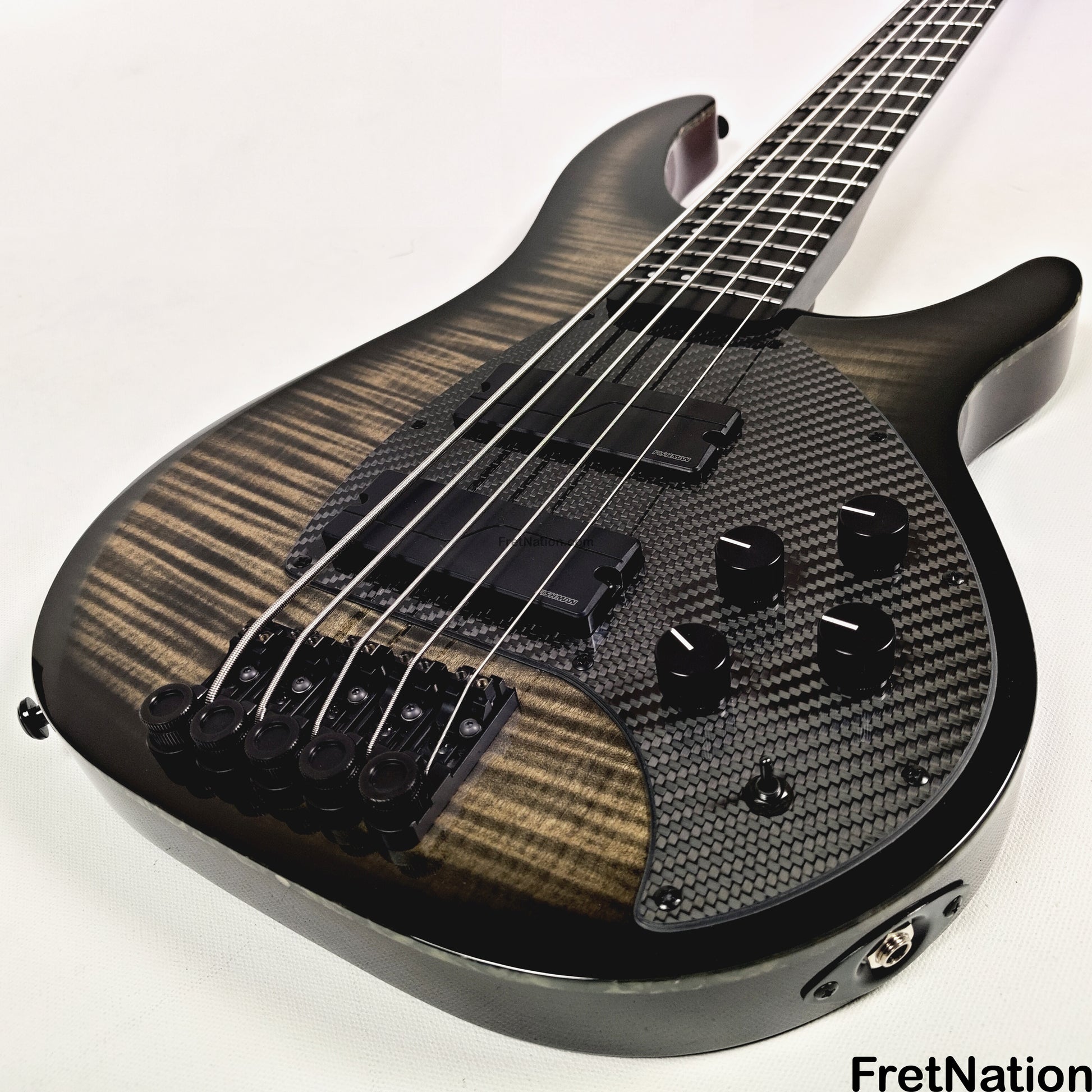 KLOS Guitars KLOS Apollo V Custom Headless 5-String Bass Black Flame Fishman Fluence 8.90lbs