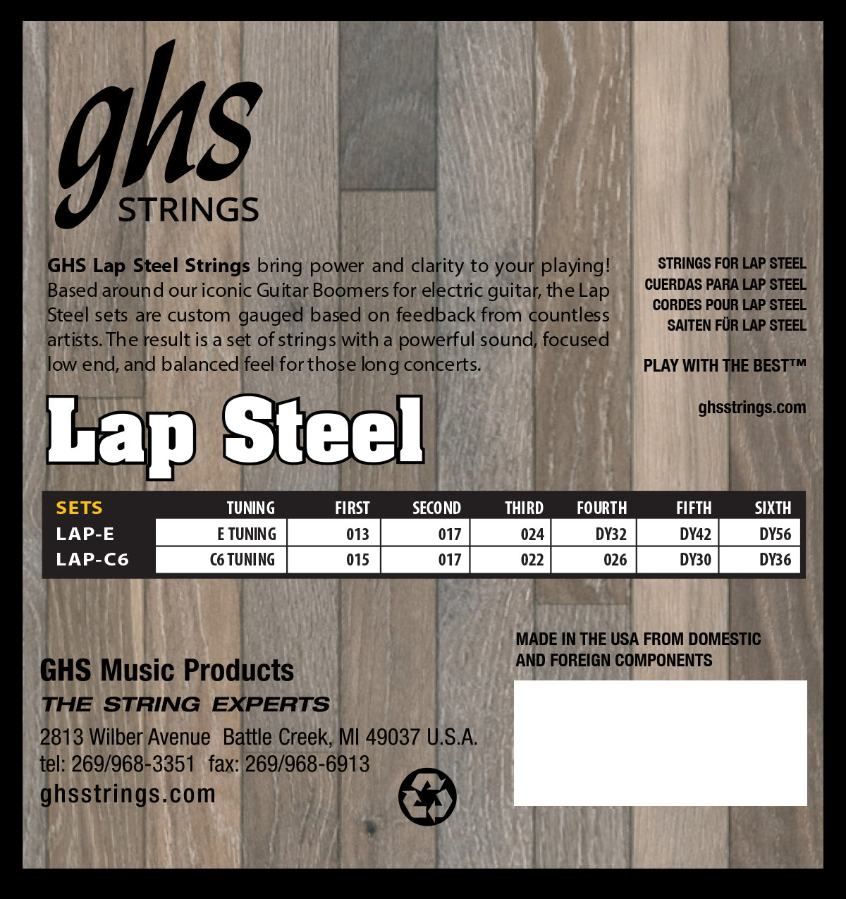 GHS Strings GHS Lap Steel Guitar 06-String Set C6 Tuning - 15-36 Regular LAP-C6