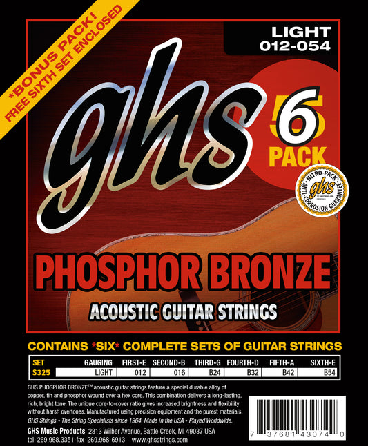 GHS Strings GHS Phosphor Bronze Acoustic Guitar String Set 06-Pack - 12-54 Light S325-5