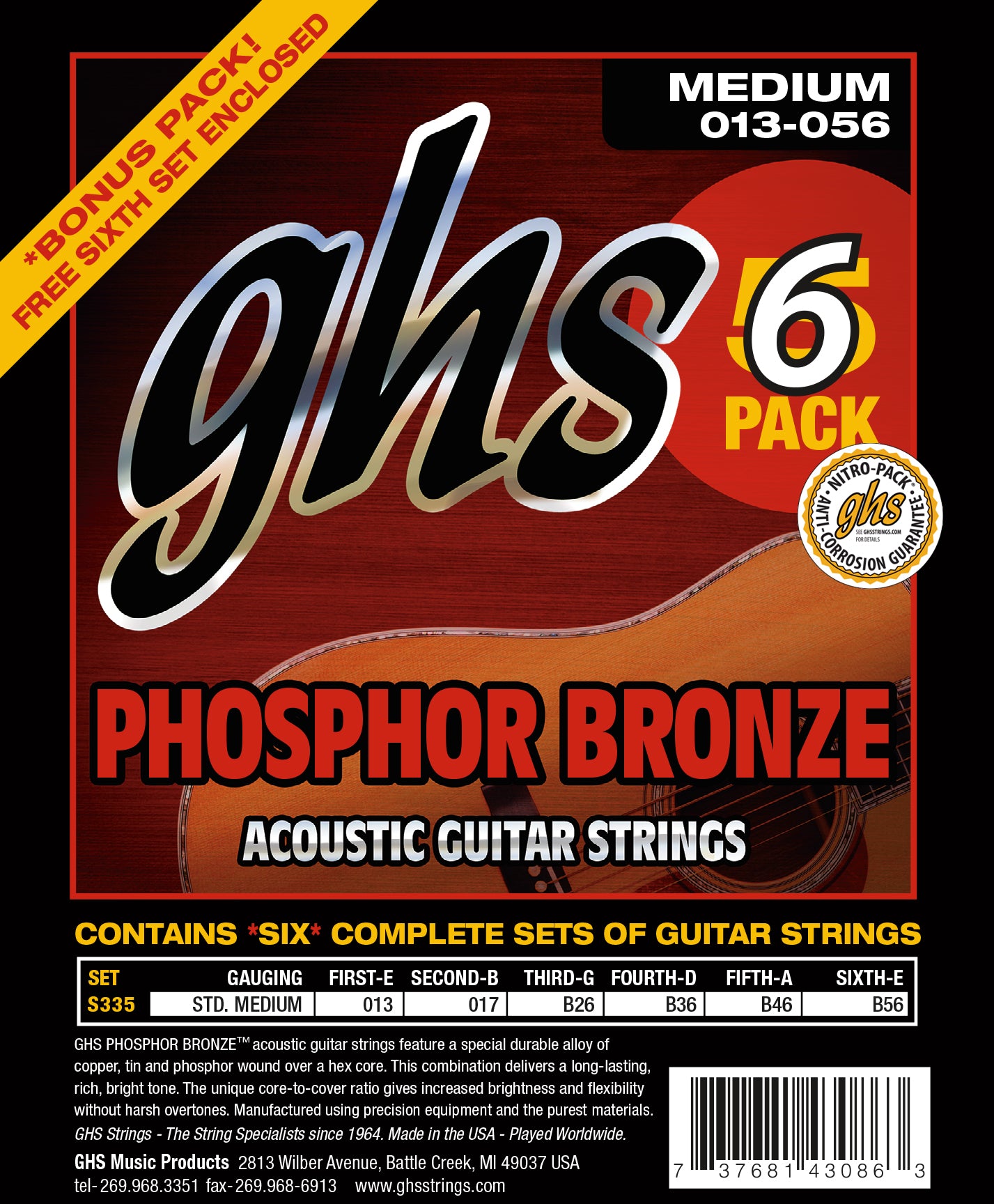 GHS Strings GHS Phosphor Bronze Acoustic Guitar String Set 06-Pack - 13-56 Standard Medium S335-5