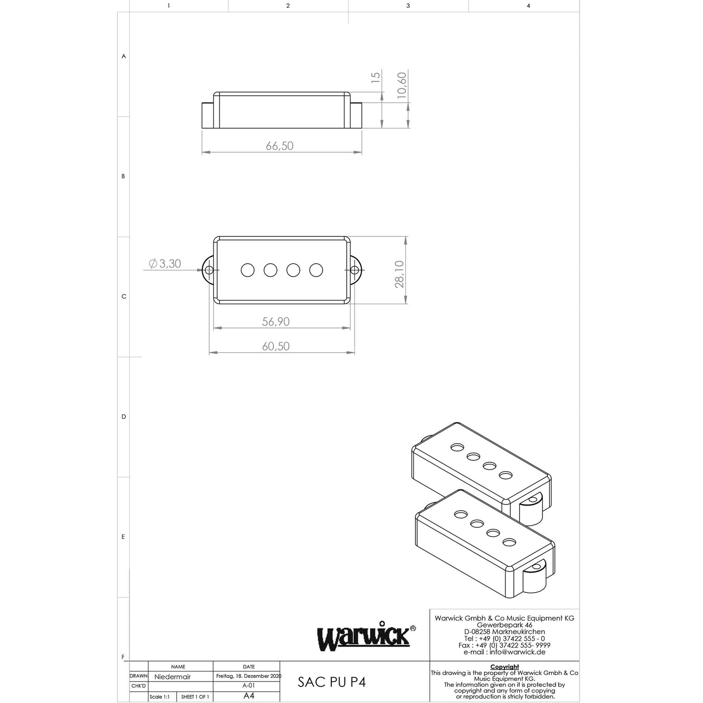 Sadowsky Sadowsky 4-String P-Bass Pickup - Split Coil - SAC PU P4